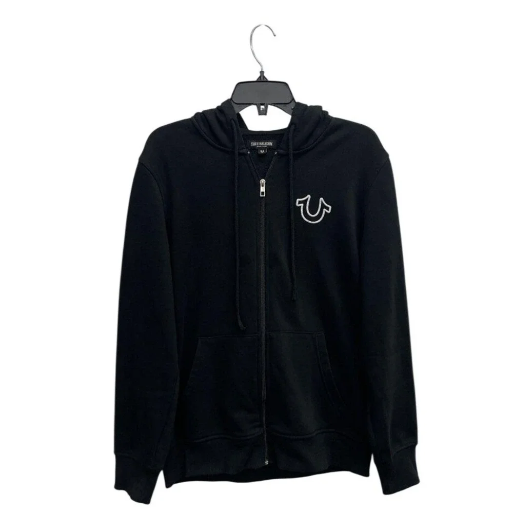 True Religion Mens Black Buddha Logo Zip Up Hoodie Sweatshirt Size Medium